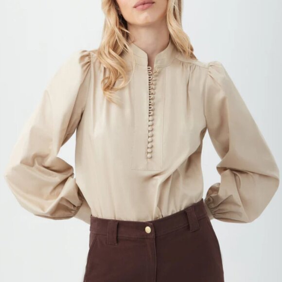 Trina Turk 'Sisi' Long-Sleeve Cotton-Sateen Blouse Top, Sahara Stone - Picture 1 of 2